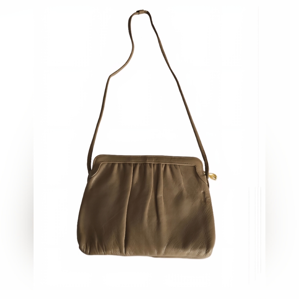 Ande VINTAGE Leather Handbag Tan Taupe Zipper Small Clutch  Shoulder Purse
